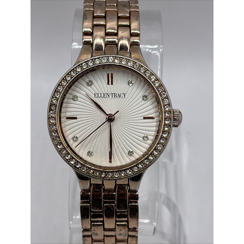 Ellen Tracy Women's Quartz Watch Rose Gold Band Crystal Bezel- New Battery